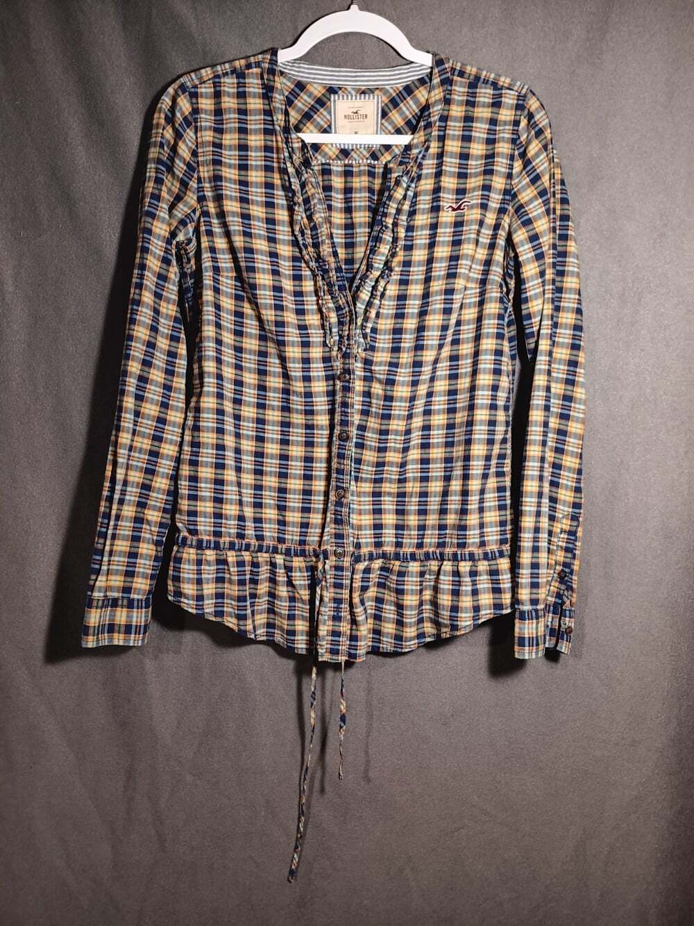 Hollister Blue Orange Plaid Ruffle Hem Drawstring Peplum Blouse Top Y2K Medium